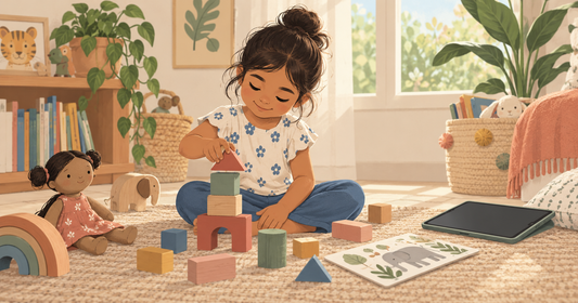 Toddler engaged in independent, screen-free play with building blocks
