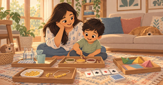 Indian mother and child doing free Montessori activities at home